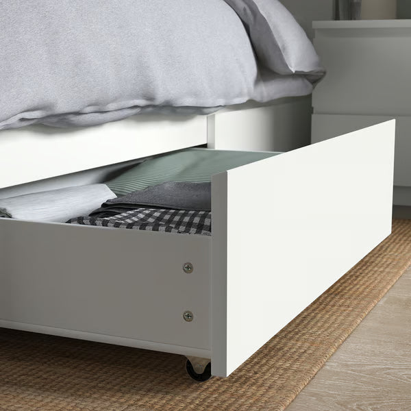 IKEA MALM High bed frame/2 storage boxes, white/Luröy, Queen