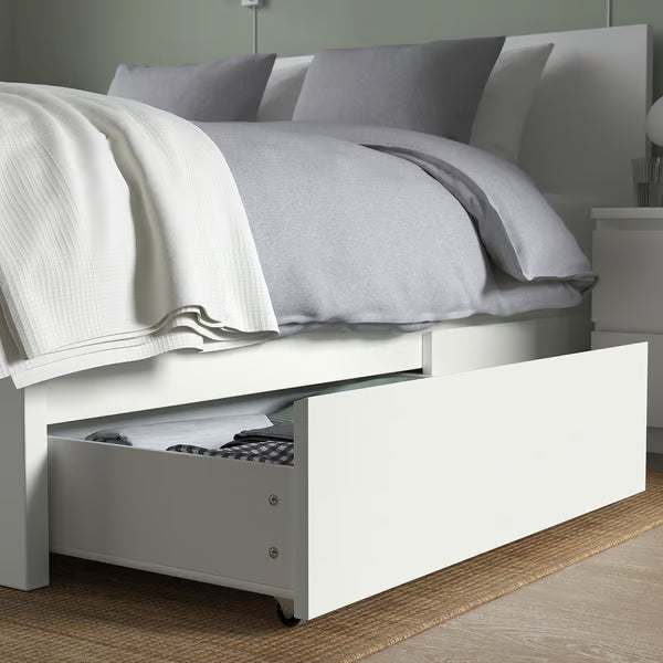 IKEA MALM High bed frame/2 storage boxes, white/Luröy, Queen