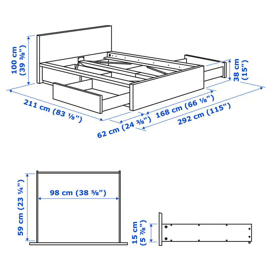 IKEA MALM High bed frame/4 storage boxes, blue/Luröy, Queen