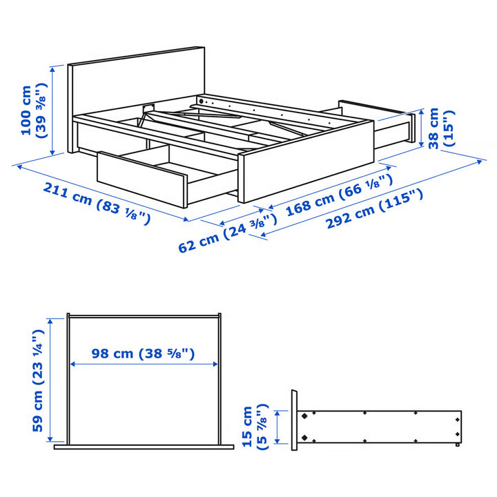 IKEA MALM High bed frame/4 storage boxes, blue/Luröy, Queen