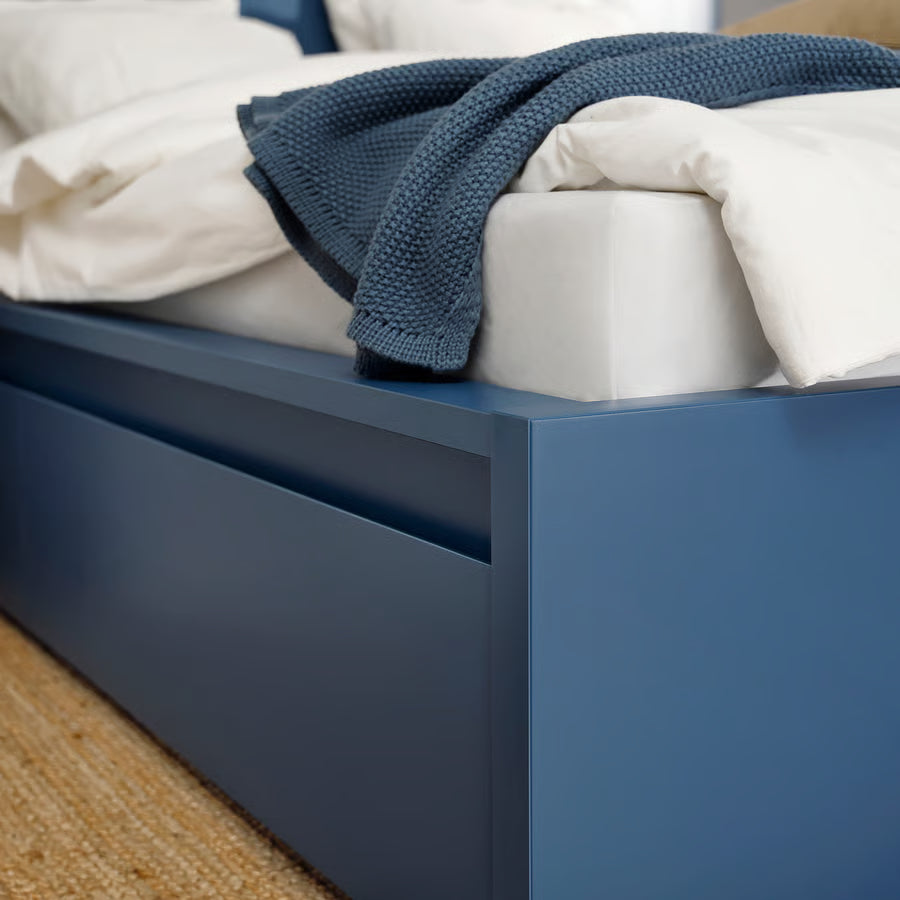 IKEA MALM High bed frame/4 storage boxes, blue/Luröy, Queen