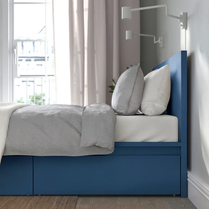 IKEA MALM High bed frame/4 storage boxes, blue/Luröy, Queen