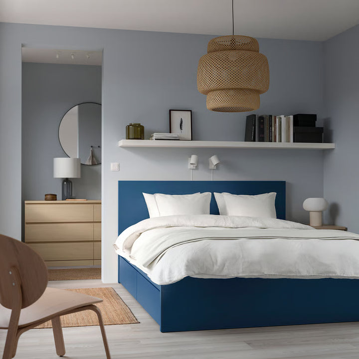 IKEA MALM High bed frame/4 storage boxes, blue/Luröy, Queen