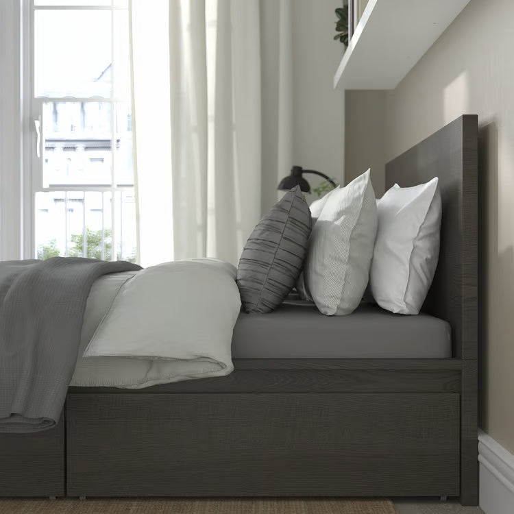 IKEA MALM High bed frame/4 storage boxes, dark brown veneer/Luröy, Queen
