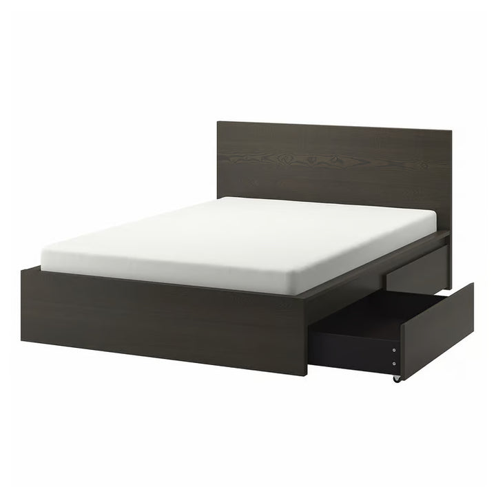 IKEA MALM High bed frame/4 storage boxes, dark brown veneer/Luröy, Queen