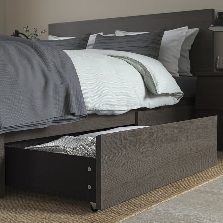IKEA MALM High bed frame/4 storage boxes, dark brown veneer/Luröy, Queen