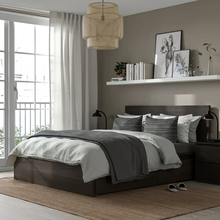 IKEA MALM High bed frame/4 storage boxes, dark brown veneer/Luröy, Queen
