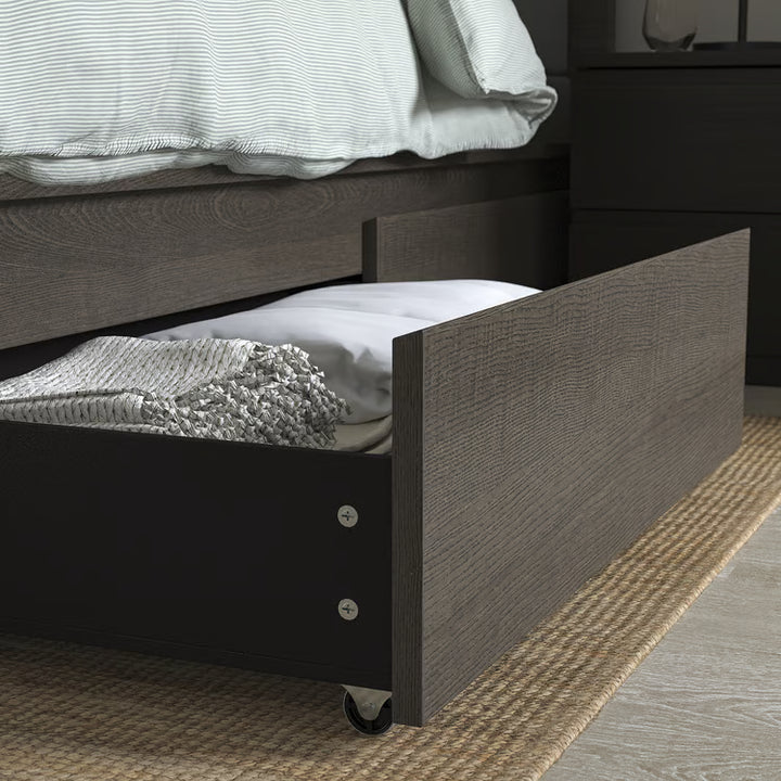 IKEA MALM High bed frame/4 storage boxes, dark brown veneer/Luröy, Queen