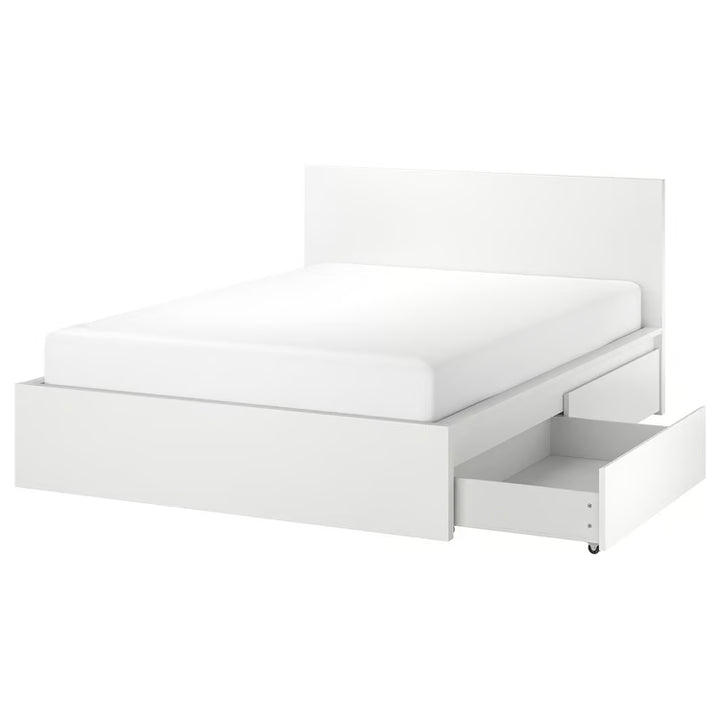 IKEA MALM High bed frame/4 storage boxes, white/Luröy, Queen