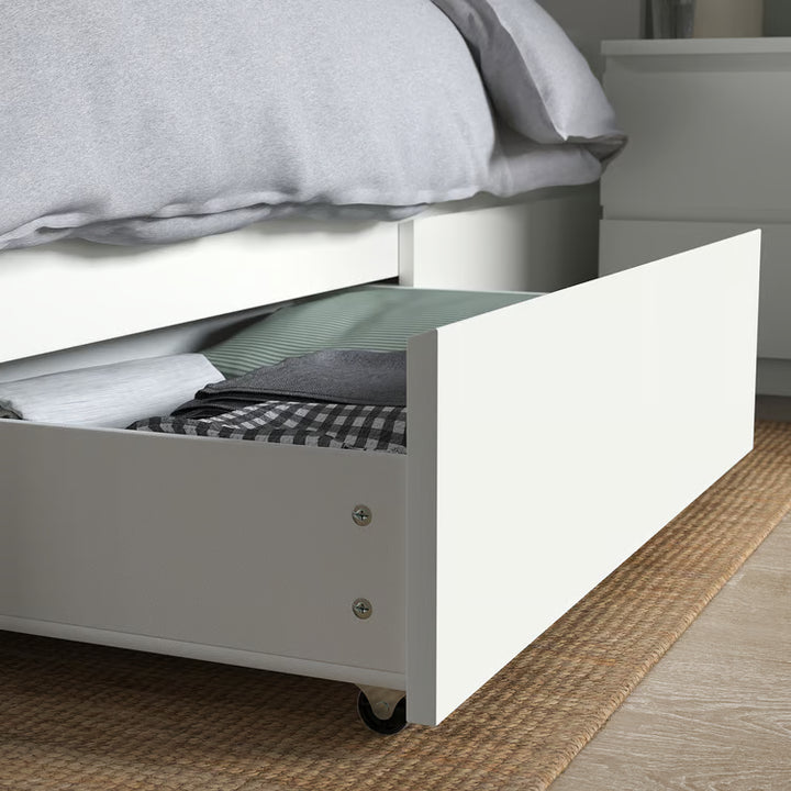 IKEA MALM High bed frame/4 storage boxes, white/Luröy, Queen