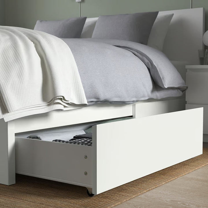 IKEA MALM High bed frame/4 storage boxes, white/Luröy, Queen