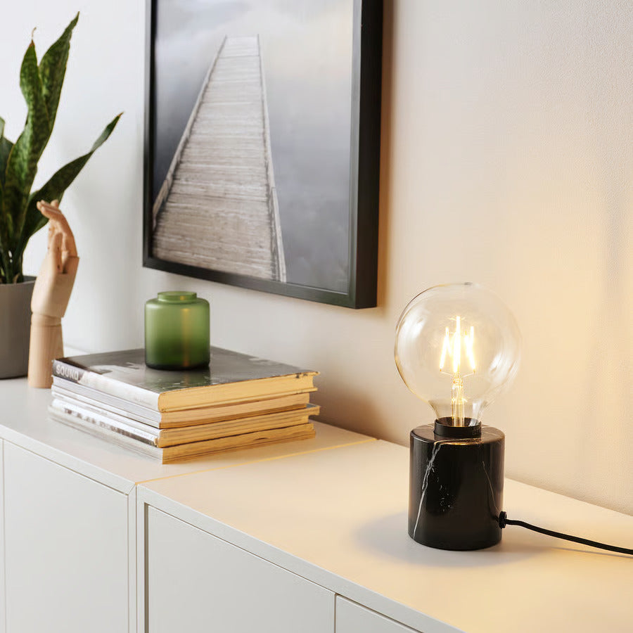 IKEA MARKFROST / LUNNOM Table lamp with LED bulb, marble black/globe