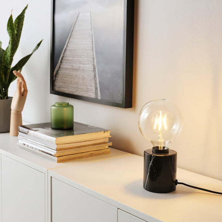 IKEA MARKFROST / LUNNOM Table lamp with LED bulb, marble black/globe