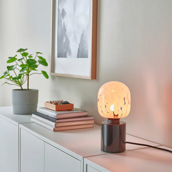 IKEA MARKFROST / MOLNART Table lamp with LED bulb, marble black/tube-shaped white/clear glass