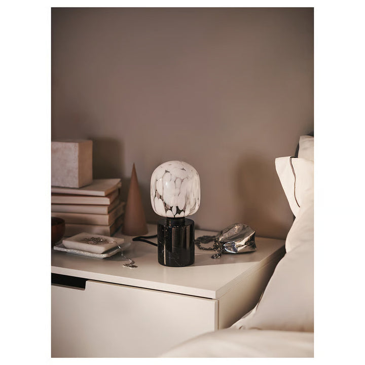 IKEA MARKFROST / MOLNART Table lamp with LED bulb, marble black/tube-shaped white/clear glass