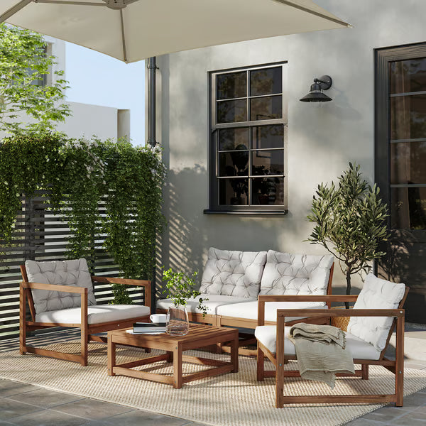 IKEA NÄMMARÖ 4-seat conversation set, outdoor, light brown stained/Kuddarna light grey-beige