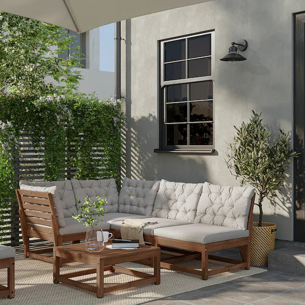 IKEA NÄMMARÖ Modular corner sofa, 3-seat, outdoor light brown stained/Kuddarna light grey-beige