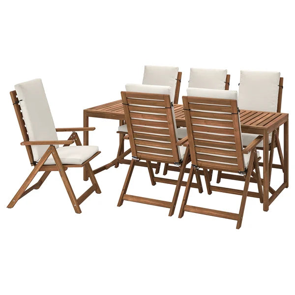 IKEA NÄMMARÖ Table + 6 reclining chairs, outdoor, light brown stained/Frösön/Duvholmen beige
