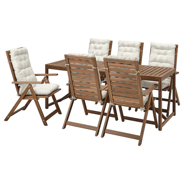 IKEA NÄMMARÖ Table + 6 reclining chairs, outdoor, light brown stained/Kuddarna light grey-beige, 78 3/4x29 1/2 "