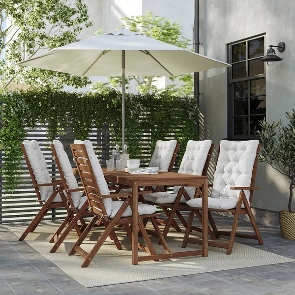 IKEA NÄMMARÖ Table + 6 reclining chairs, outdoor, light brown stained/Kuddarna light grey-beige, 78 3/4x29 1/2 "