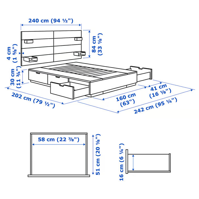 IKEA NORDLI Bed with headboard and storage, anthracite, Queen