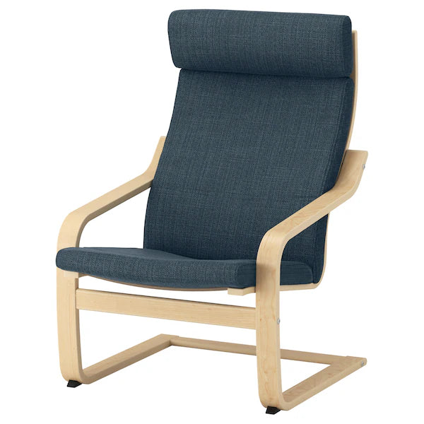 IKEA POÄNG Armchair and ottoman, birch veneer/Hillared dark blue
