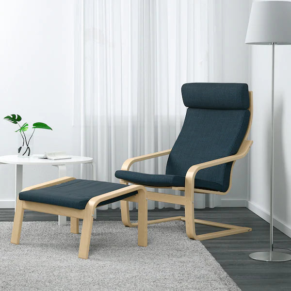IKEA POÄNG Armchair and ottoman, birch veneer/Hillared dark blue