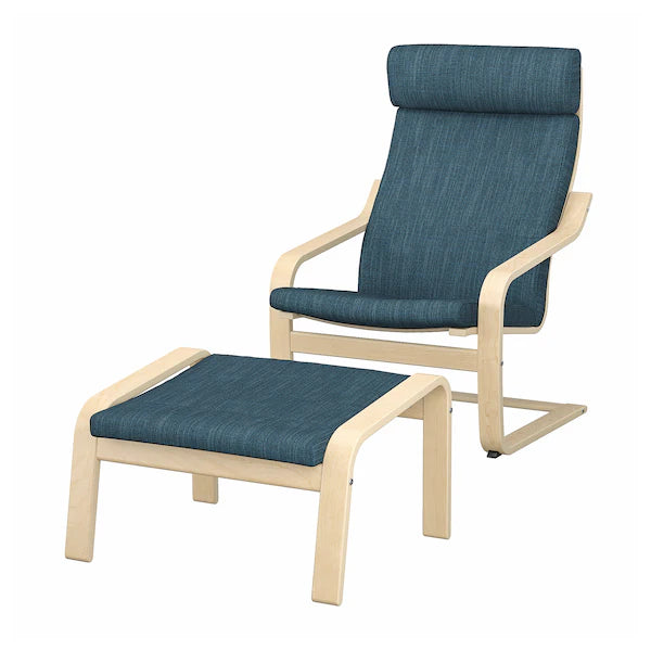 IKEA POÄNG Armchair and ottoman, birch veneer/Hillared dark blue