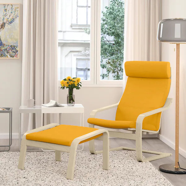 IKEA POÄNG Armchair and ottoman, birch veneer/Skiftebo yellow