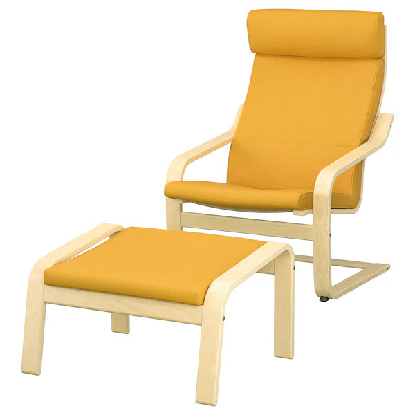IKEA POÄNG Armchair and ottoman, birch veneer/Skiftebo yellow