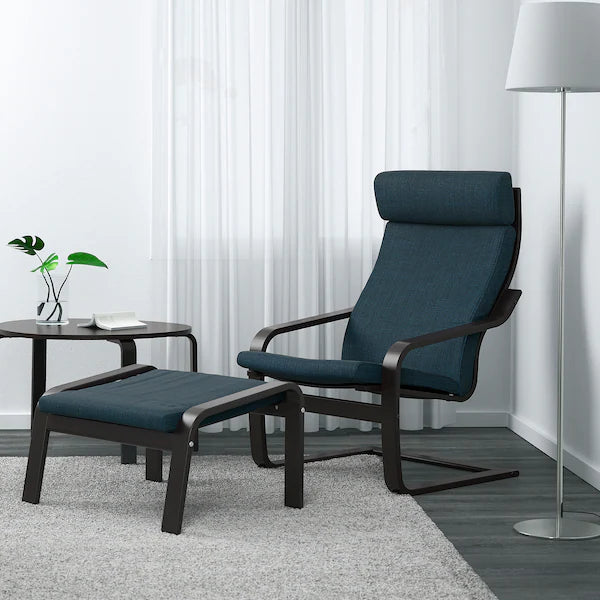 IKEA POÄNG Armchair and ottoman, birch veneer/Hillared dark blue