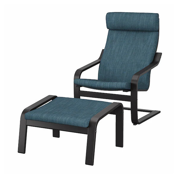 IKEA POÄNG Armchair and ottoman, birch veneer/Hillared dark blue
