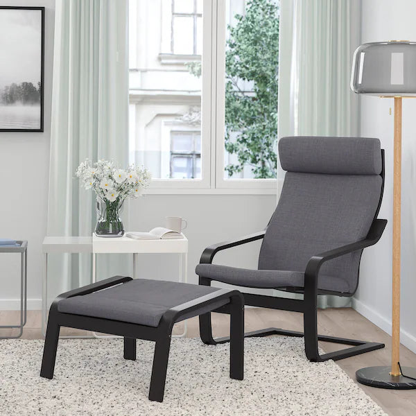 IKEA POÄNG Armchair and ottoman, birch veneer/Skiftebo dark gray
