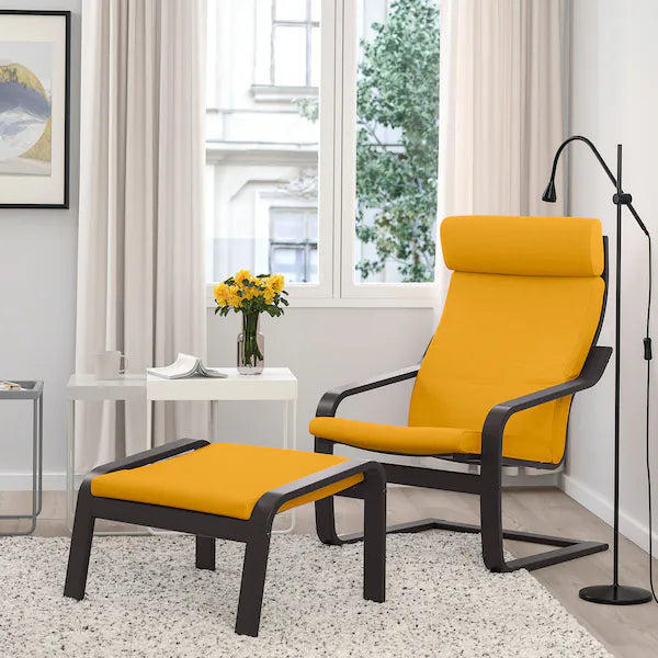 IKEA POÄNG Armchair and ottoman, birch veneer/Skiftebo yellow