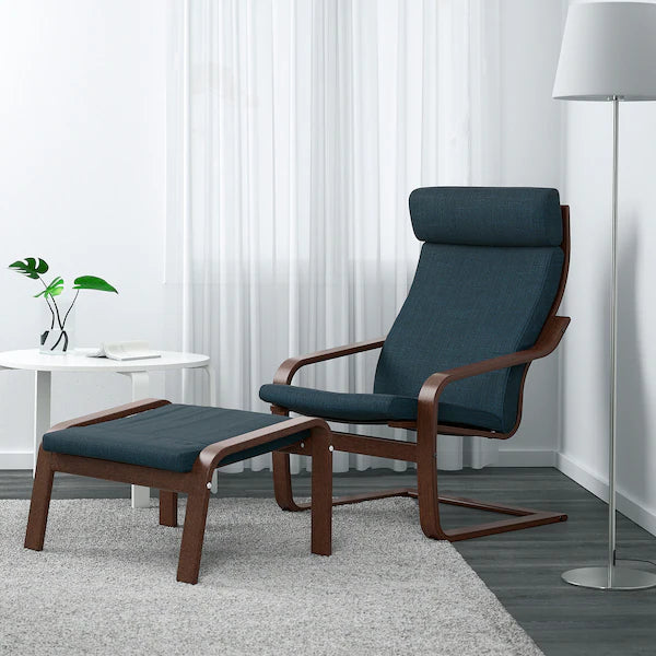 IKEA POÄNG Armchair and ottoman, birch veneer/Hillared dark blue