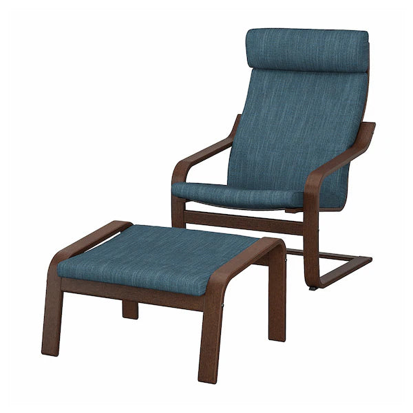 IKEA POÄNG Armchair and ottoman, birch veneer/Hillared dark blue