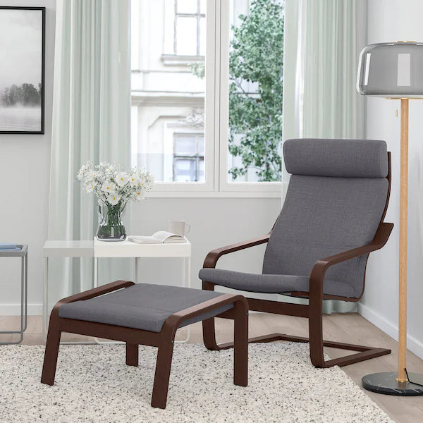 IKEA POÄNG Armchair and ottoman, birch veneer/Skiftebo dark gray