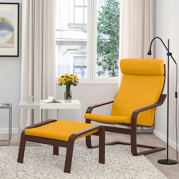 IKEA POÄNG Armchair and ottoman, birch veneer/Skiftebo yellow