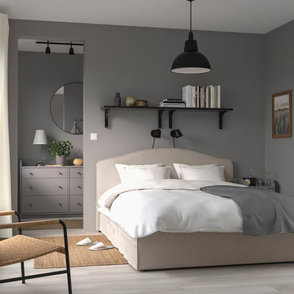 IKEA RAMNEFJÄLL Upholstered bed frame, Kilanda light beige/Luröy, Queen