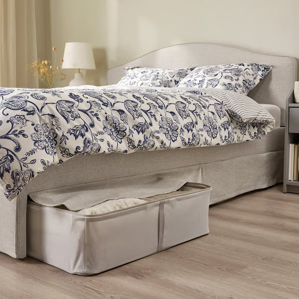 IKEA RAMNEFJÄLL Upholstered bed frame, Kilanda light beige/Luröy, Queen