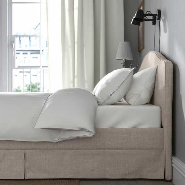 IKEA RAMNEFJÄLL Upholstered bed frame, Kilanda light beige/Luröy, Queen