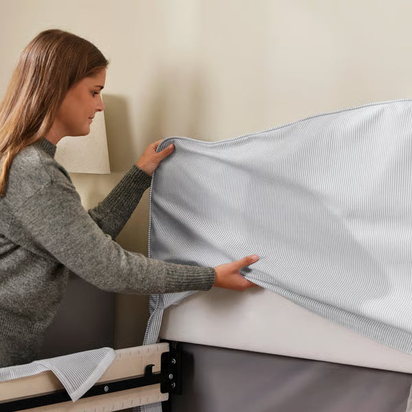 IKEA RAMNEFJÄLL Upholstered bed frame, Klovsta gray/white/Luröy, Queen