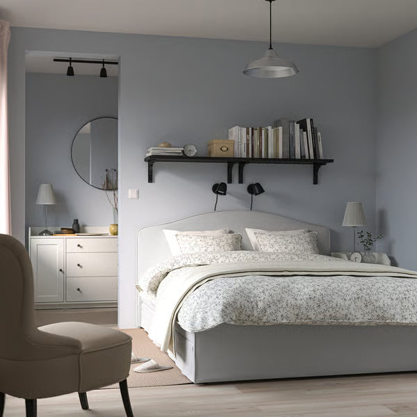 IKEA RAMNEFJÄLL Upholstered bed frame, Klovsta gray/white/Luröy, Queen