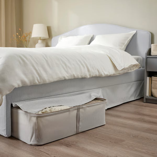 IKEA RAMNEFJÄLL Upholstered bed frame, Klovsta gray/white/Luröy, Queen