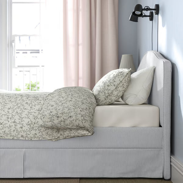 IKEA RAMNEFJÄLL Upholstered bed frame, Klovsta gray/white/Luröy, Queen