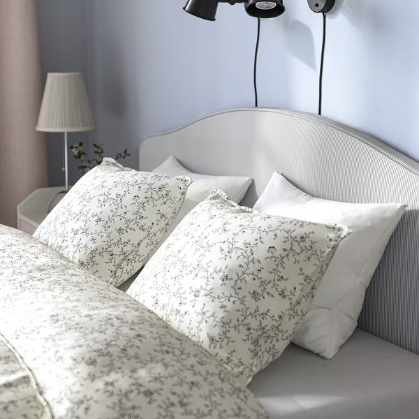 IKEA RAMNEFJÄLL Upholstered bed frame, Klovsta gray/white/Luröy, Queen