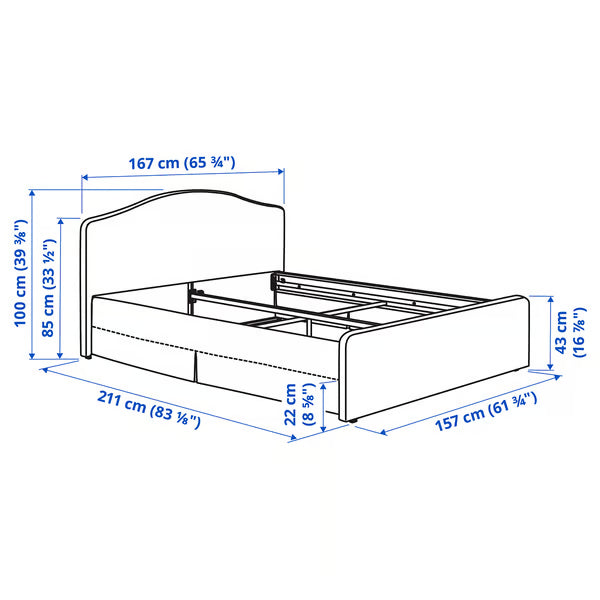 IKEA RAMNEFJÄLL Upholstered bed frame, Klovsta gray/white/Luröy, Queen
