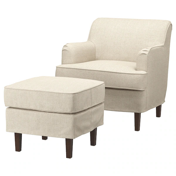 IKEA ROCKSJÖN Armchair with ottoman, Kilanda light beige