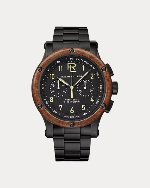 Ralph Lauren 42 MM Chronograph Black Steel Wood Bezel