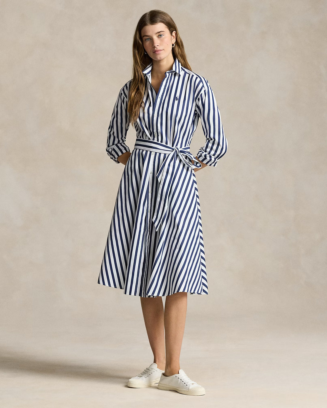 Ralph Lauren Belted Wide-Stripe Cotton Shirtdress